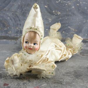 Harlequin Clown Jester Doll, satin and lace outfit, vintage
